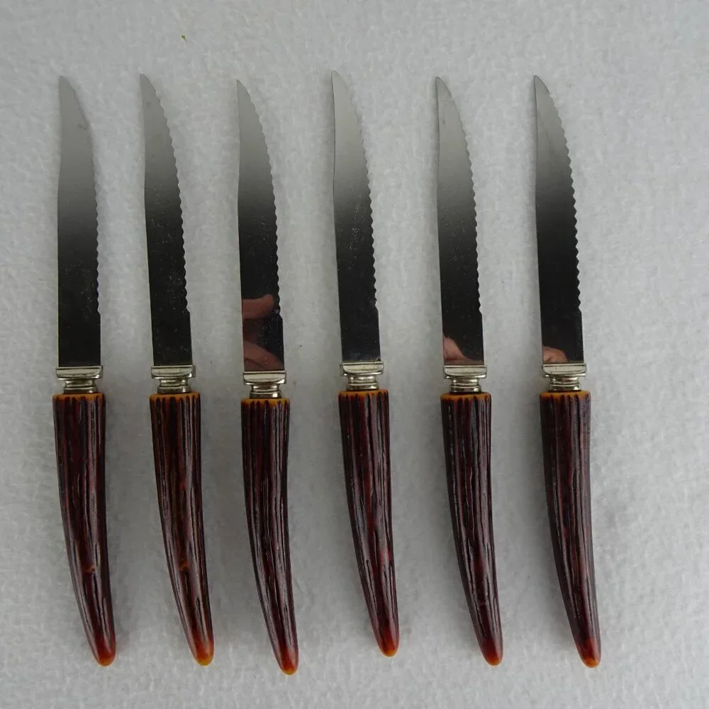 6 REGENT SHEFFIELD Steak Knives Stainless Blade Faux Antler Handle Original Box